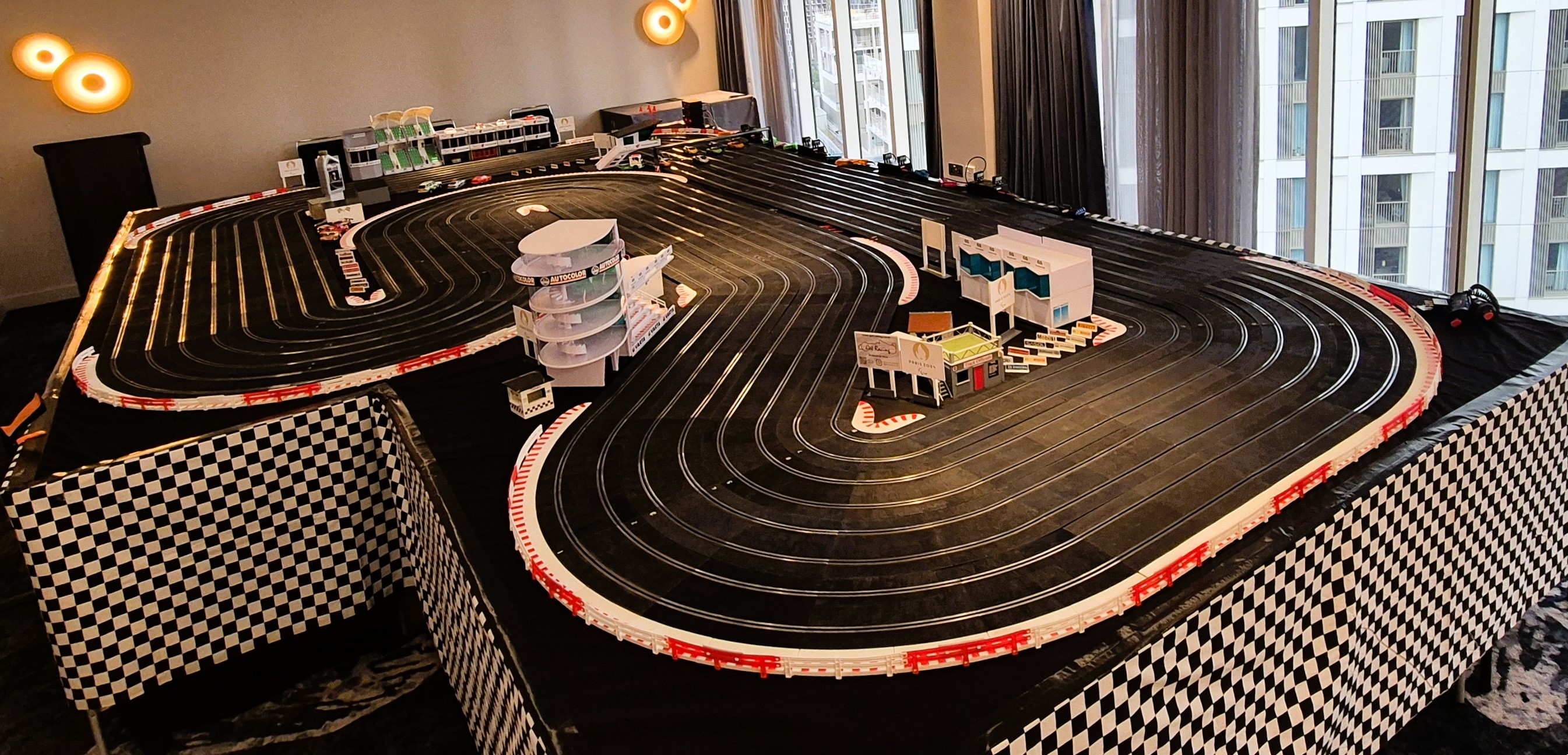 Large eight lane track setup in a hotel function room